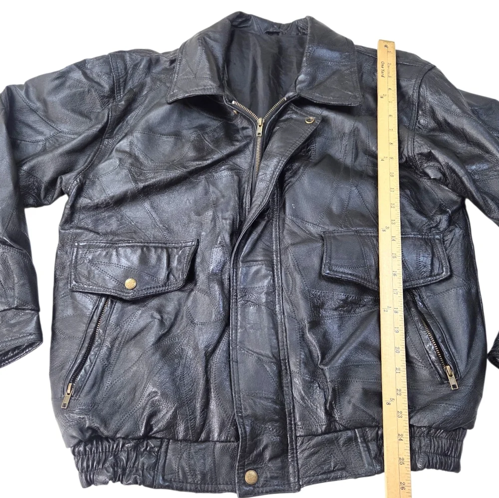 Vintage Patchwork Leather Bomber Jacker Mens Large Black 90s Heavyweight